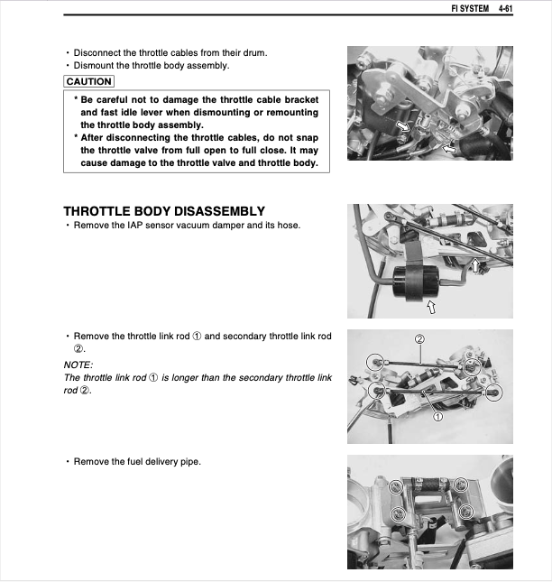 A technical service manual page for a FI SYSTEM throttle body disassembly, showing step-by-step instructions, a caution label, and three labeled photos of the engine components with numbered callouts.