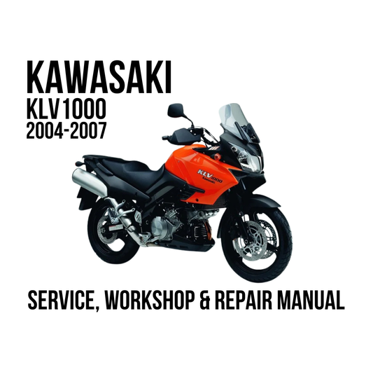 Kawasaki KLV 1000 2004-2007 service, workshop & repair manual cover graphic showing an orange and black motorcycle on a white background with bold black text.