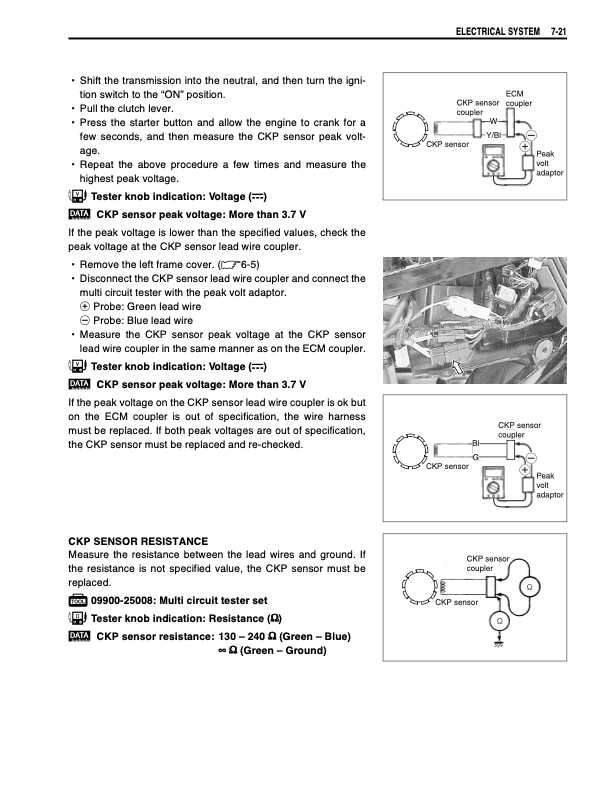 A printed technical manual page with the heading 'ELECTRICAL SYSTEM 7-21' and bullet points plus diagrams showing how to test a CKP sensor voltage and resistance using a tester tool. The page is mostly white with black text and line drawings.