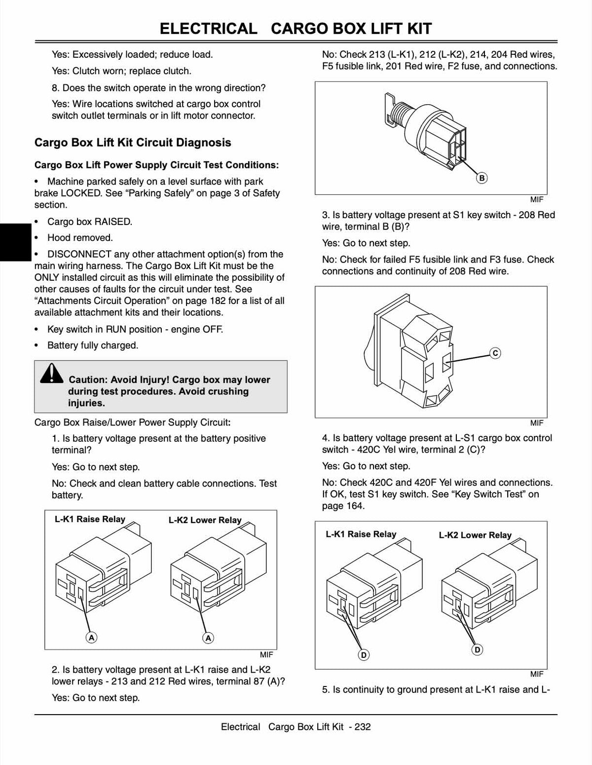 John Deere Gator TX Turf service manual page 232 electrical cargo box lift kit circuit diagnosis and troubleshooting, L-K1 raise relay and L-K2 lower relay diagrams, battery voltage tests, fuse link checks, control switch operation procedures with caution for cargo box lowering injuries