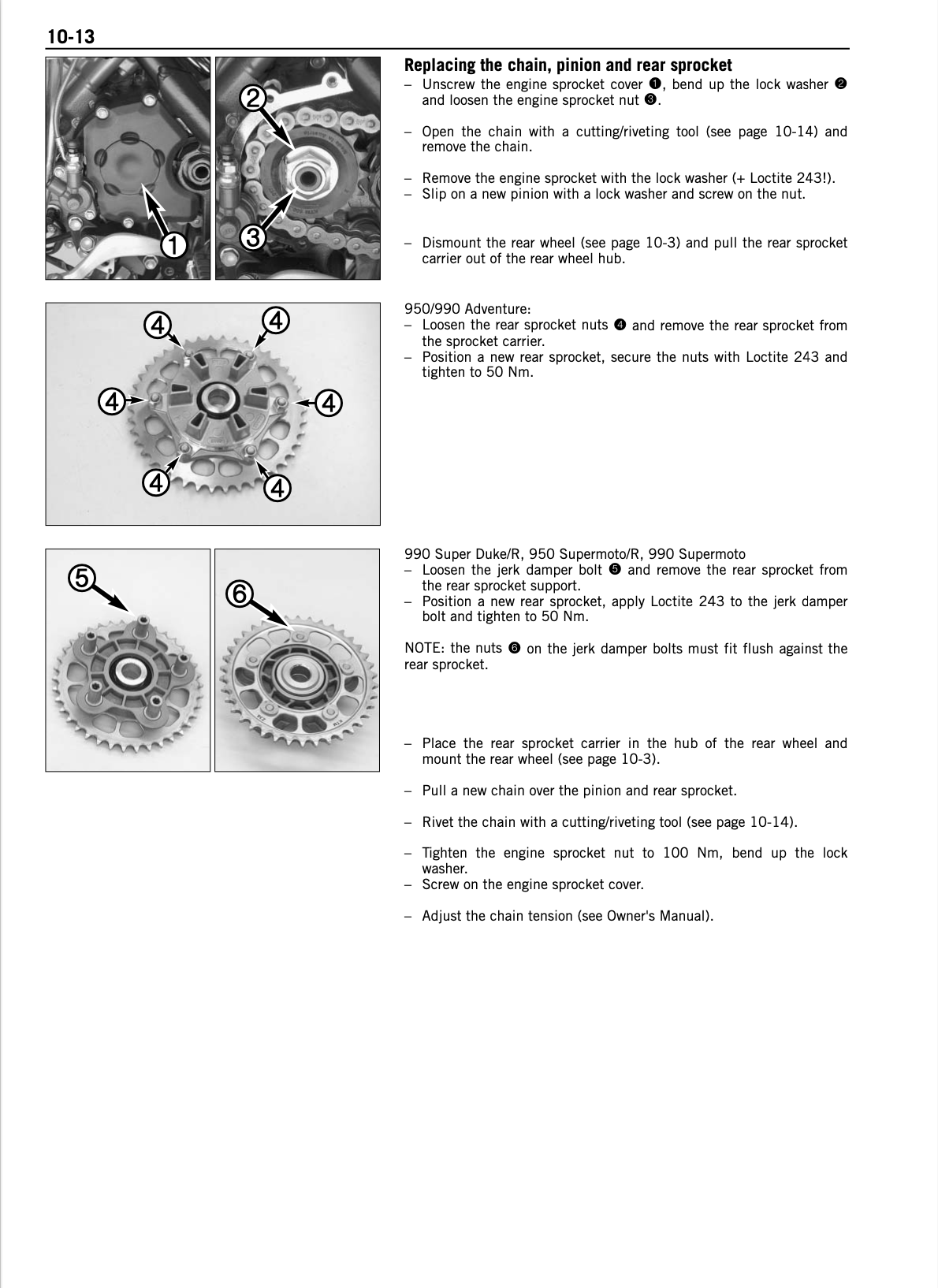 A page from an engine maintenance manual showing how to replace a chain, pinion, and rear sprocket. The page contains numbered diagrams of sprockets and gears, plus bullet points with step-by-step instructions and small tool icons.