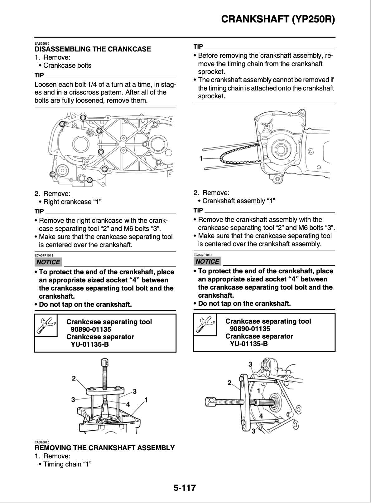 Yamaha Xmax YP250R service manual page 5-117 with crankcase disassembly steps and diagrams of crankshaft separating tool