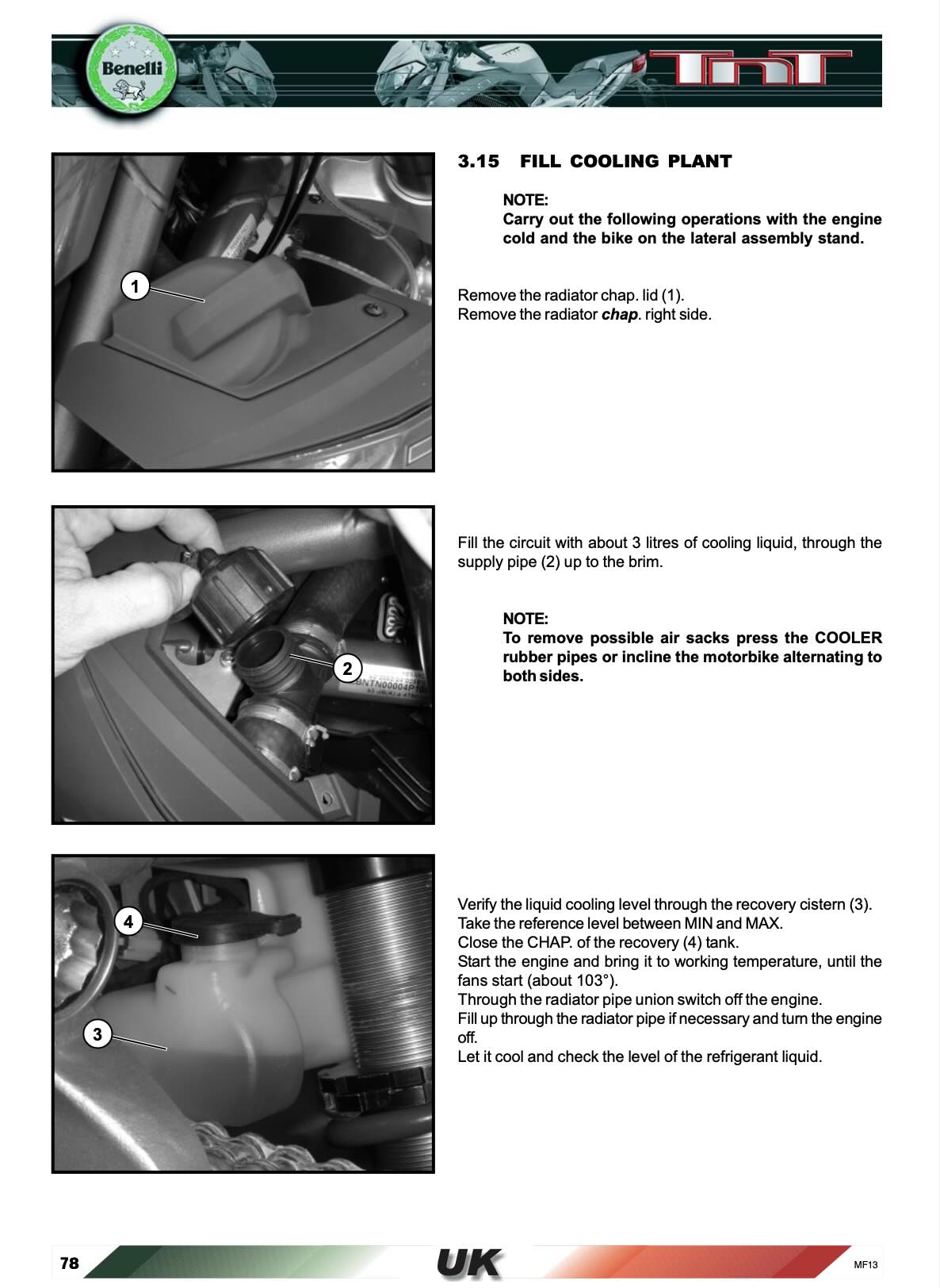 Benelli TNT 1130 service manual page 78 with cooling system fill photos of radiator cap and recovery tank