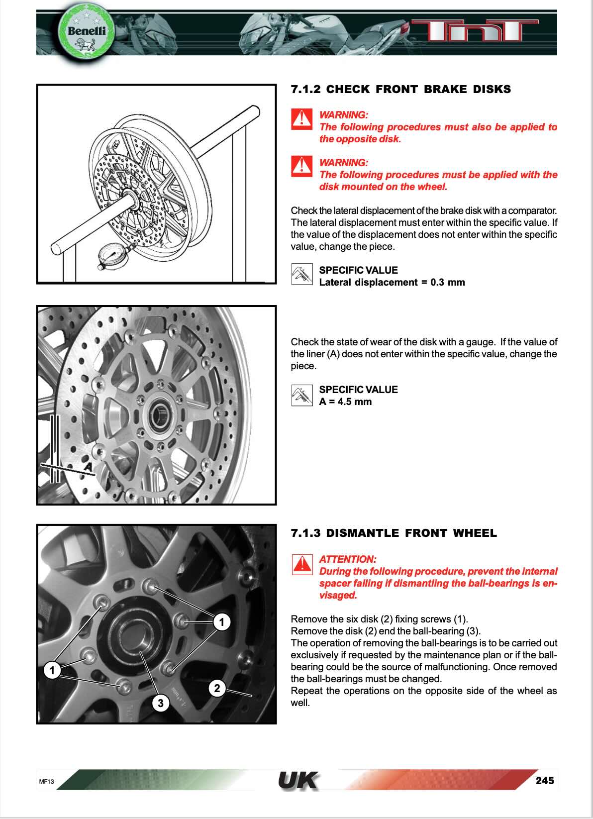Benelli TNT 1130 service manual page 245 with front brake disc wear check diagrams and front wheel dismantling photo
