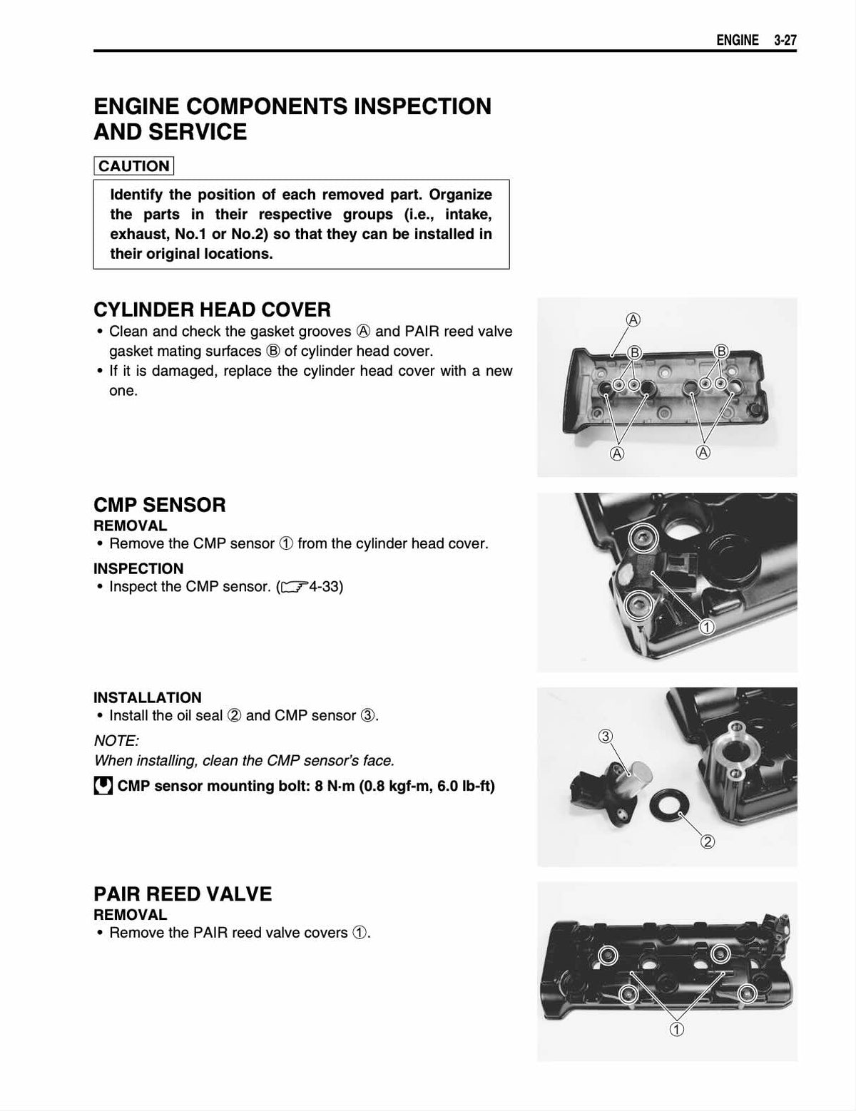 Suzuki GSX-R1000 K5 service manual page 3-27 cylinder head cover CMP sensor and PAIR reed valve photos