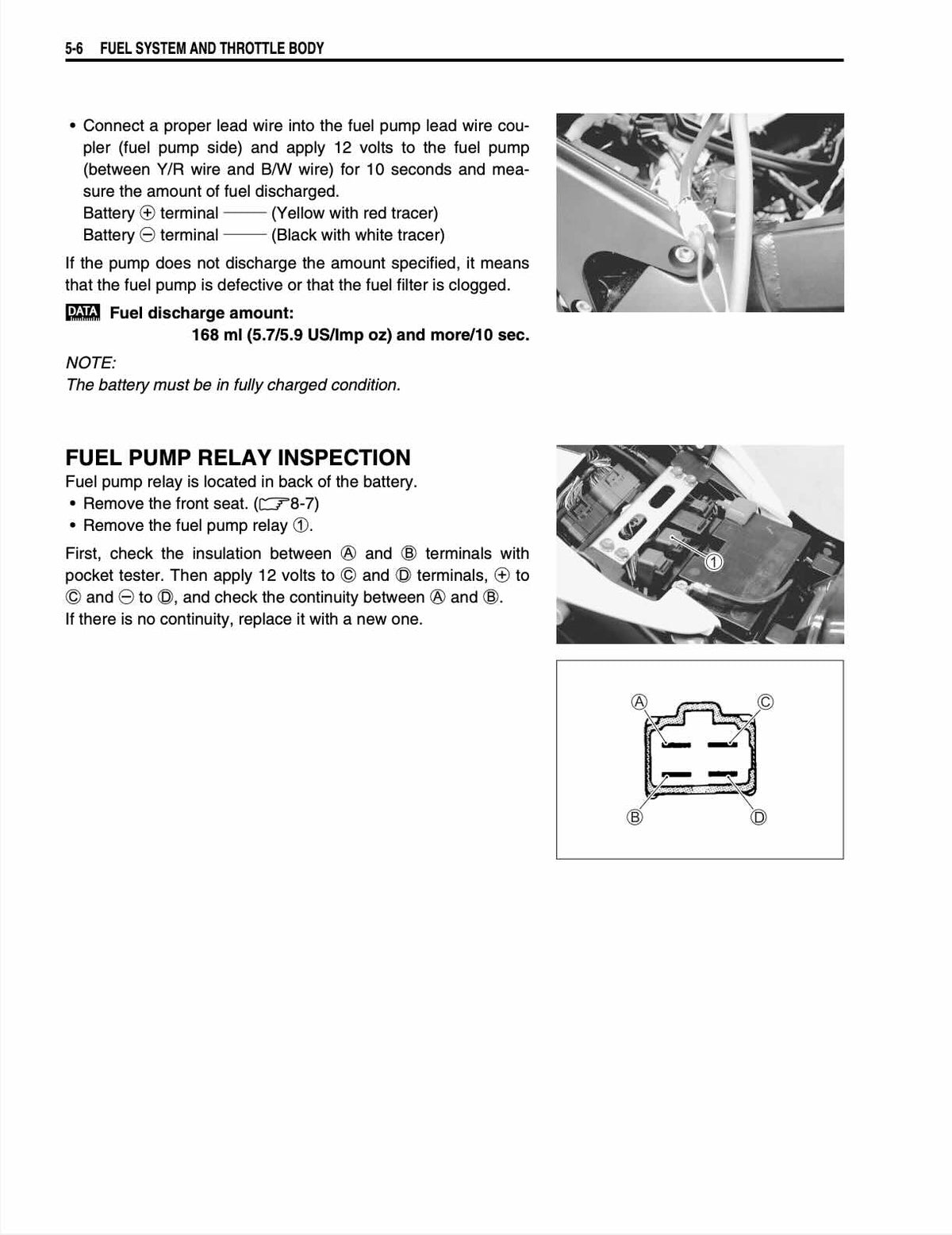 Suzuki GSX-R1000 K5 service manual page 5-6 fuel pump discharge test and relay inspection diagram