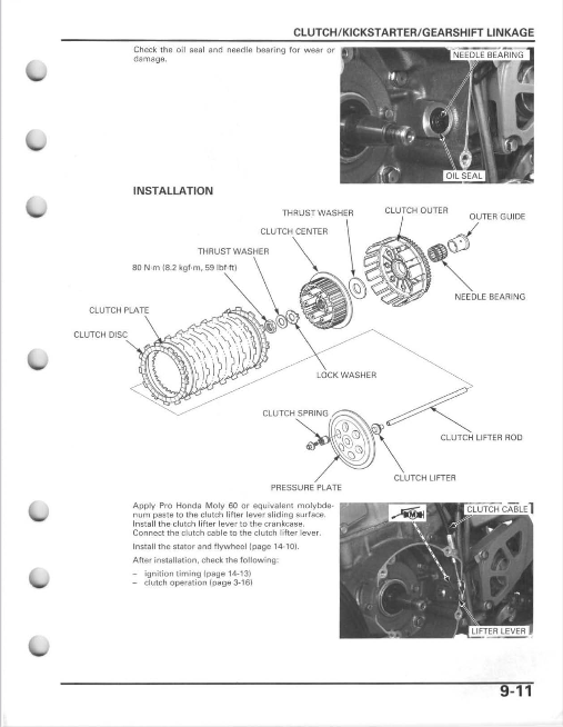 A technical instruction sheet showing labeled diagrams and photos for clutch, kickstarter, and gearshift linkage installation, with callouts pointing to parts such as clutch plate, clutch disc, thrust washers, and lock washer.