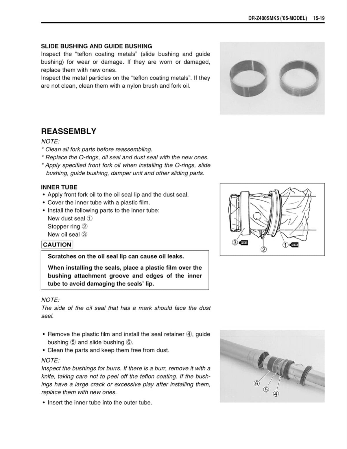 Suzuki DR-Z400SM service manual page with front fork slide bushing inspection and oil seal installation diagrams on inner tube