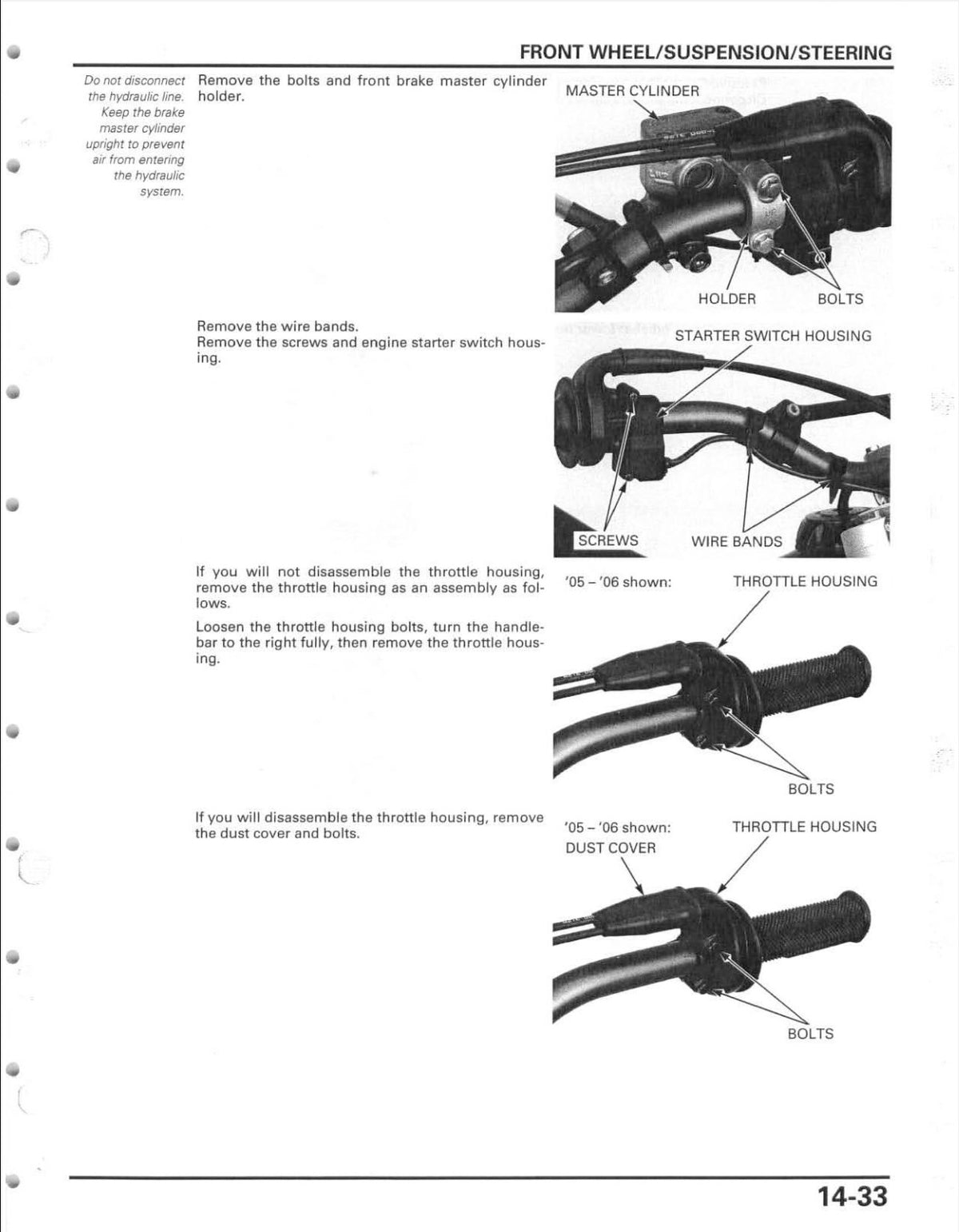 A black-and-white technical service manual page showing front wheel/suspension/steering disassembly steps with labeled photos of handlebar components and bolt fastener details.