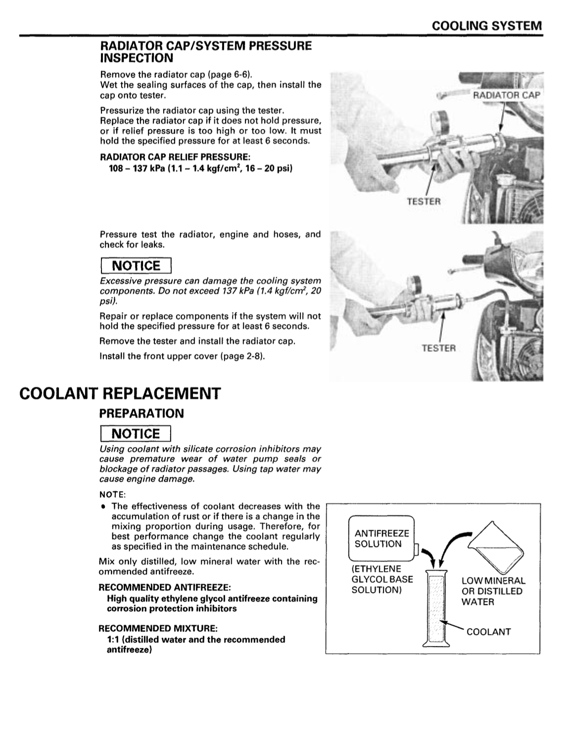 A black and white technical service manual page detailing radiator cap/system pressure inspection and coolant replacement procedures, featuring diagrams and text instructions.