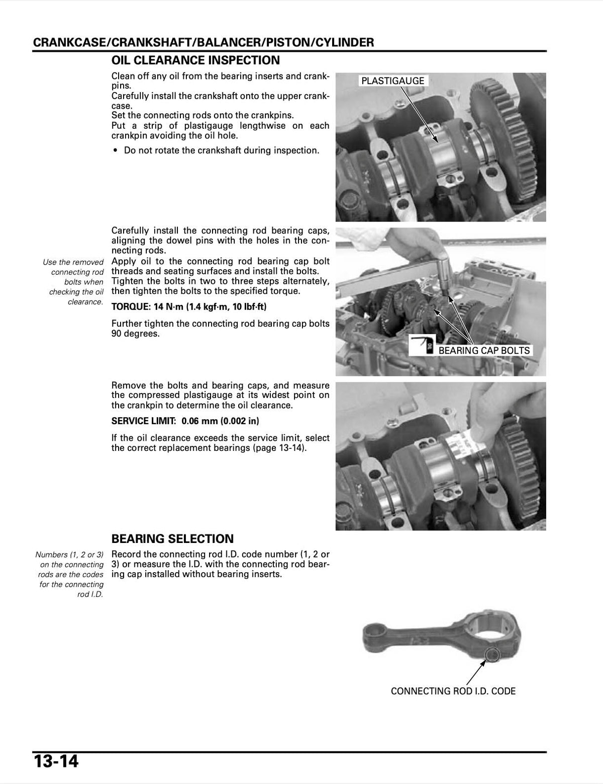 A technical service manual page for oil clearance inspection and bearing selection, featuring text instructions, a plastic gauge diagram, and photos of bearing caps and connecting rod bolts.