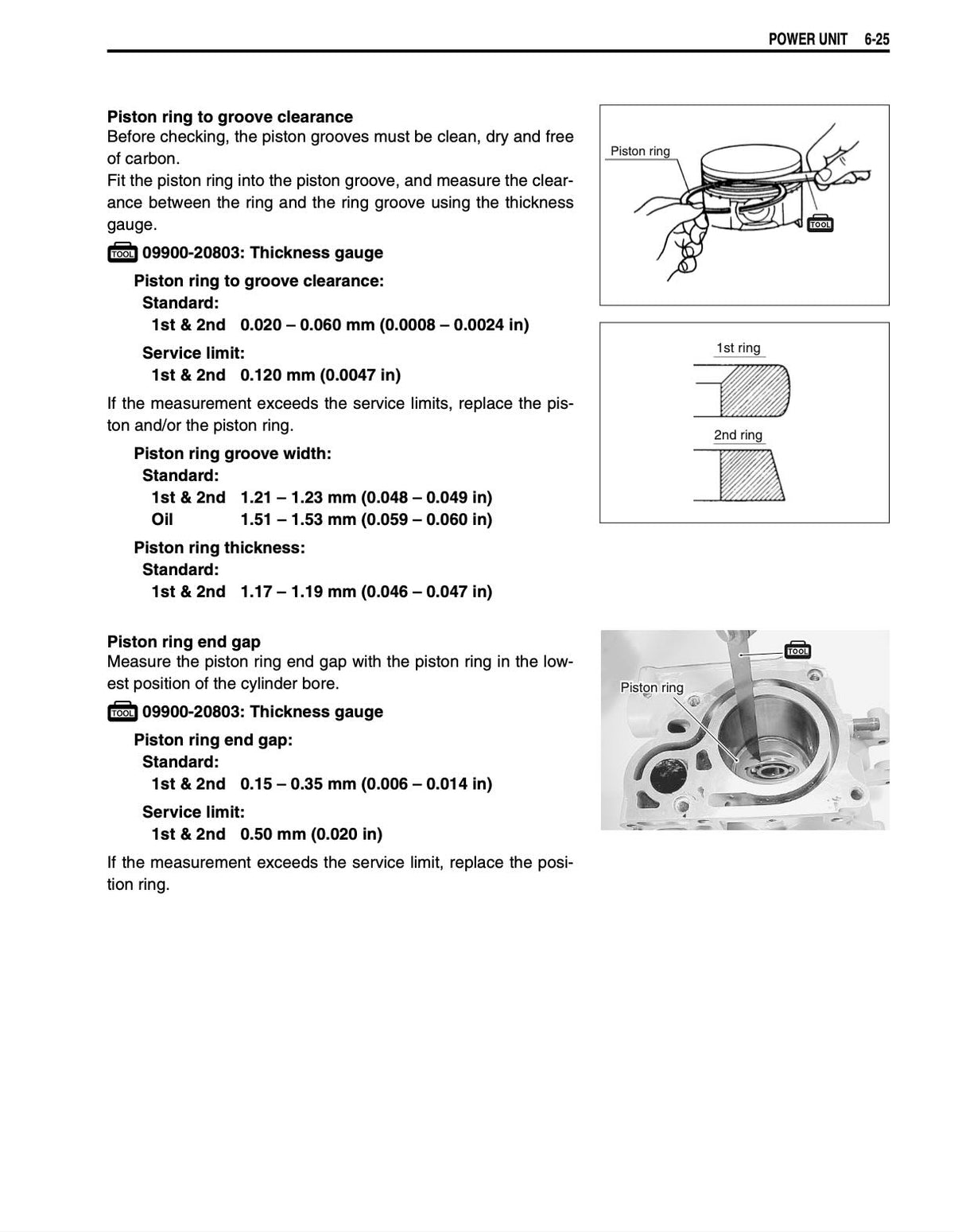A page from a technical manual with text instructions and diagrams for checking piston ring clearance and measuring piston ring thickness, including a small product photo of a piston ring set.
