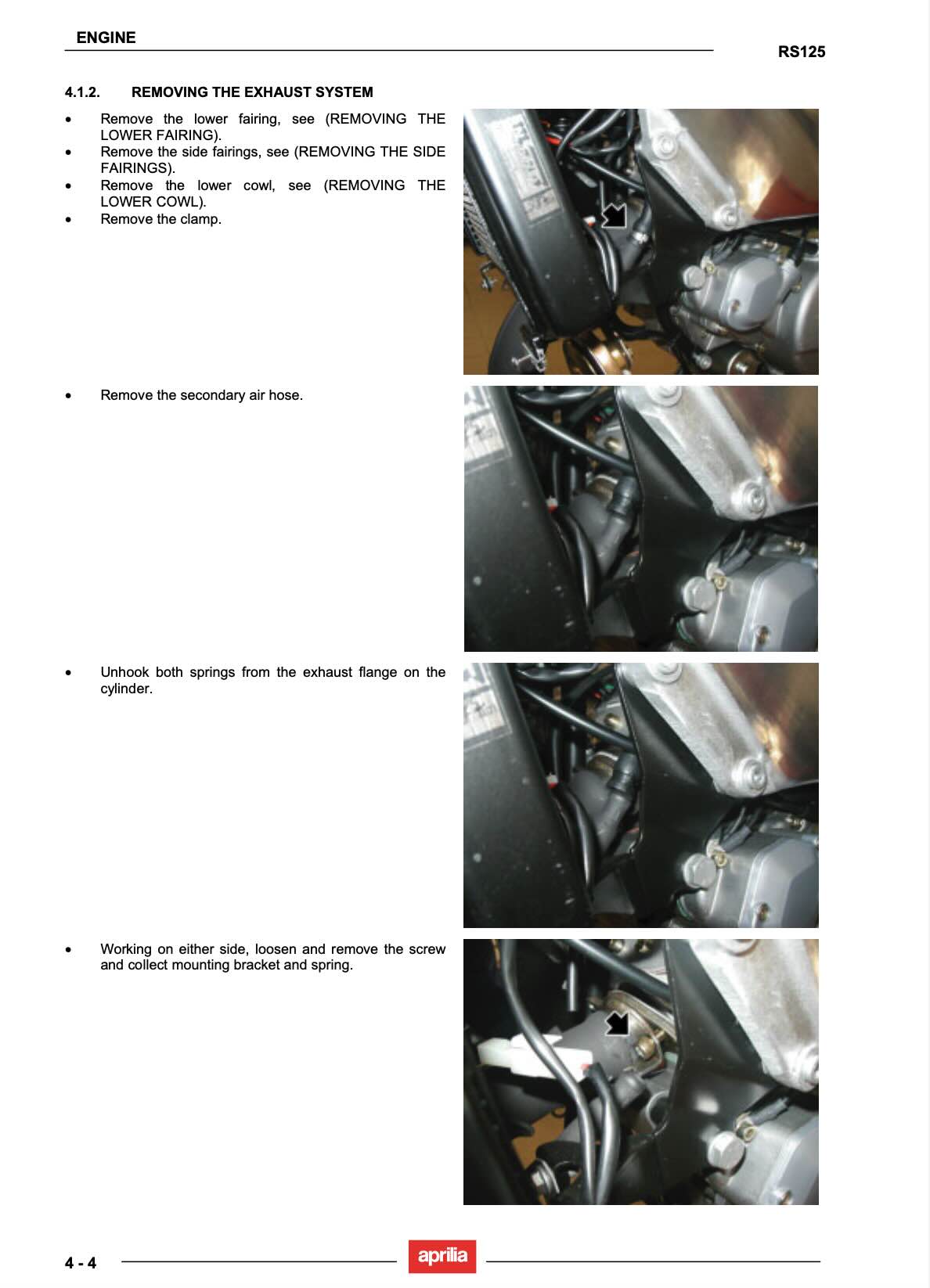Aprilia RS125 service manual page with exhaust system removal photos showing secondary air hose and flange springs