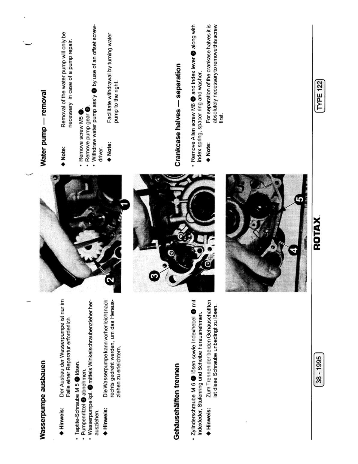 Aprilia RS125 service manual page with water pump removal and crankcase halves separation photos showing pump gear and index lever
