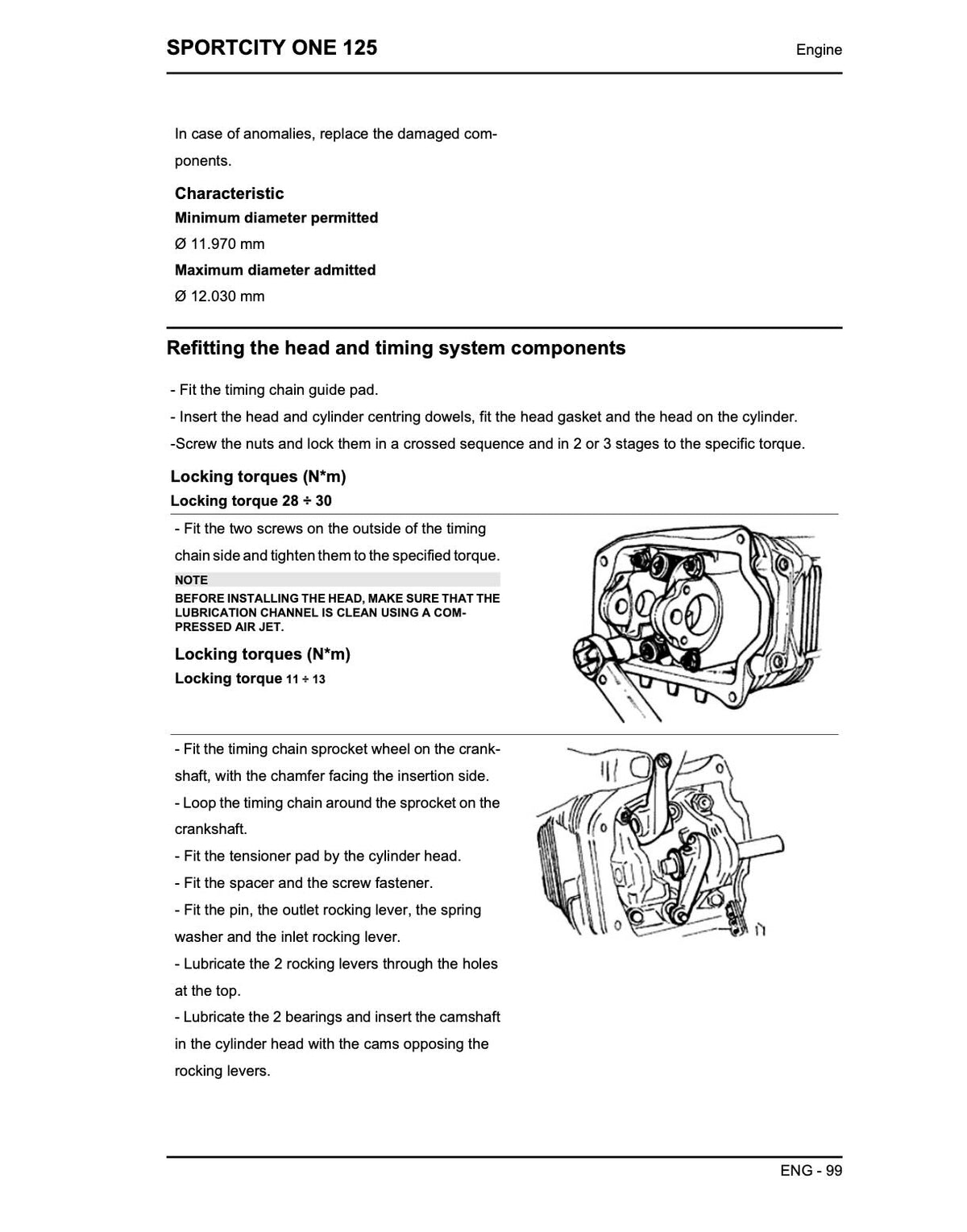 A black and white technical service manual page for a Sportricity One 125 engine, detailing the refitting and timing system components with text instructions and line drawings.
