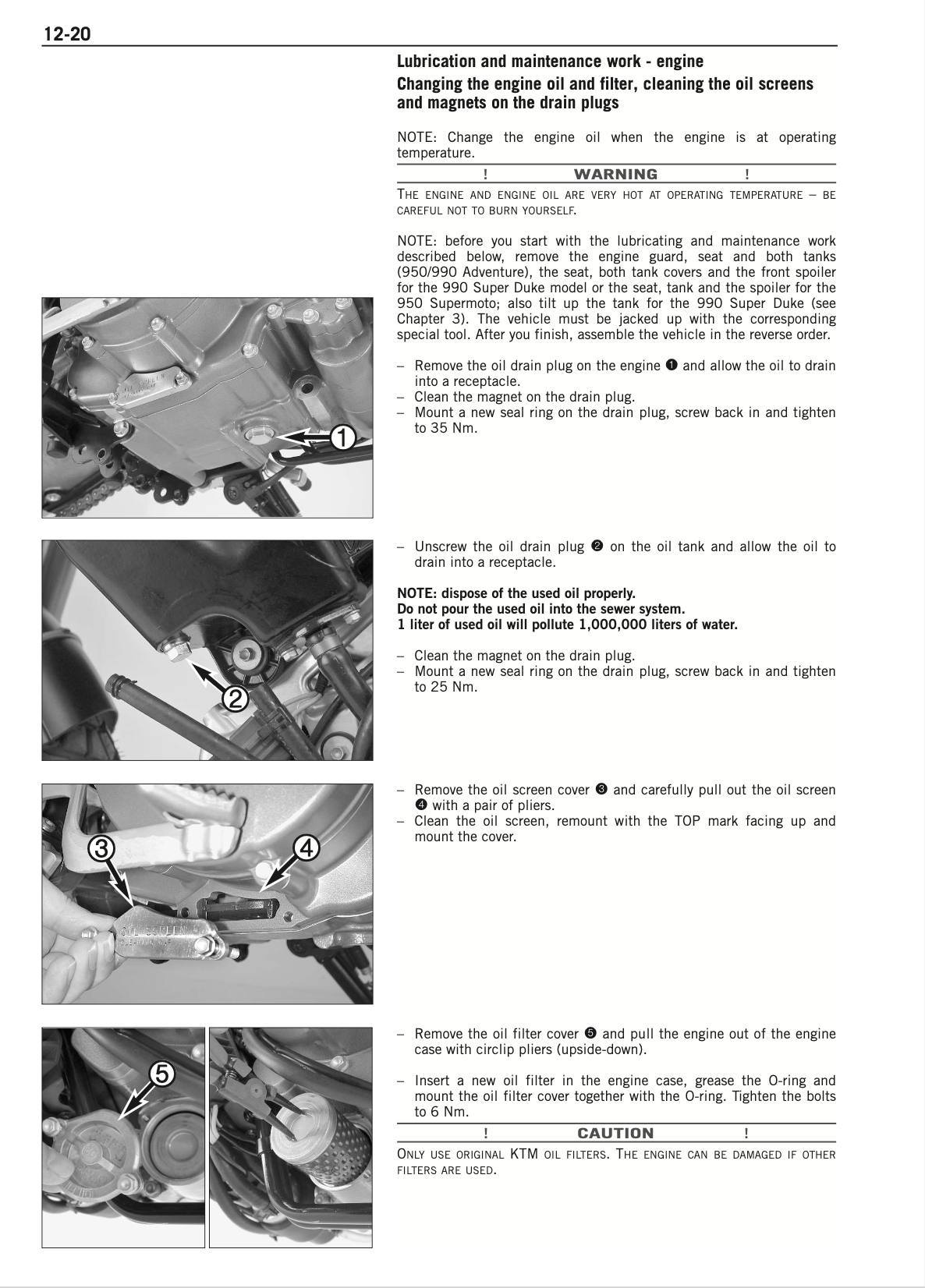 A page from an automotive service manual showing step-by-step instructions and diagrams for lubricating and maintaining the engine, including oil screens and drain plugs.