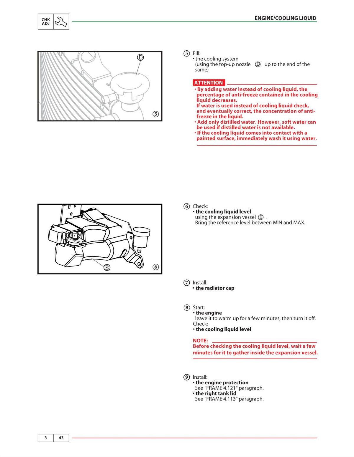 Benelli TRE-K 1130 service manual page 3-43 with cooling system fill and expansion vessel level check diagrams