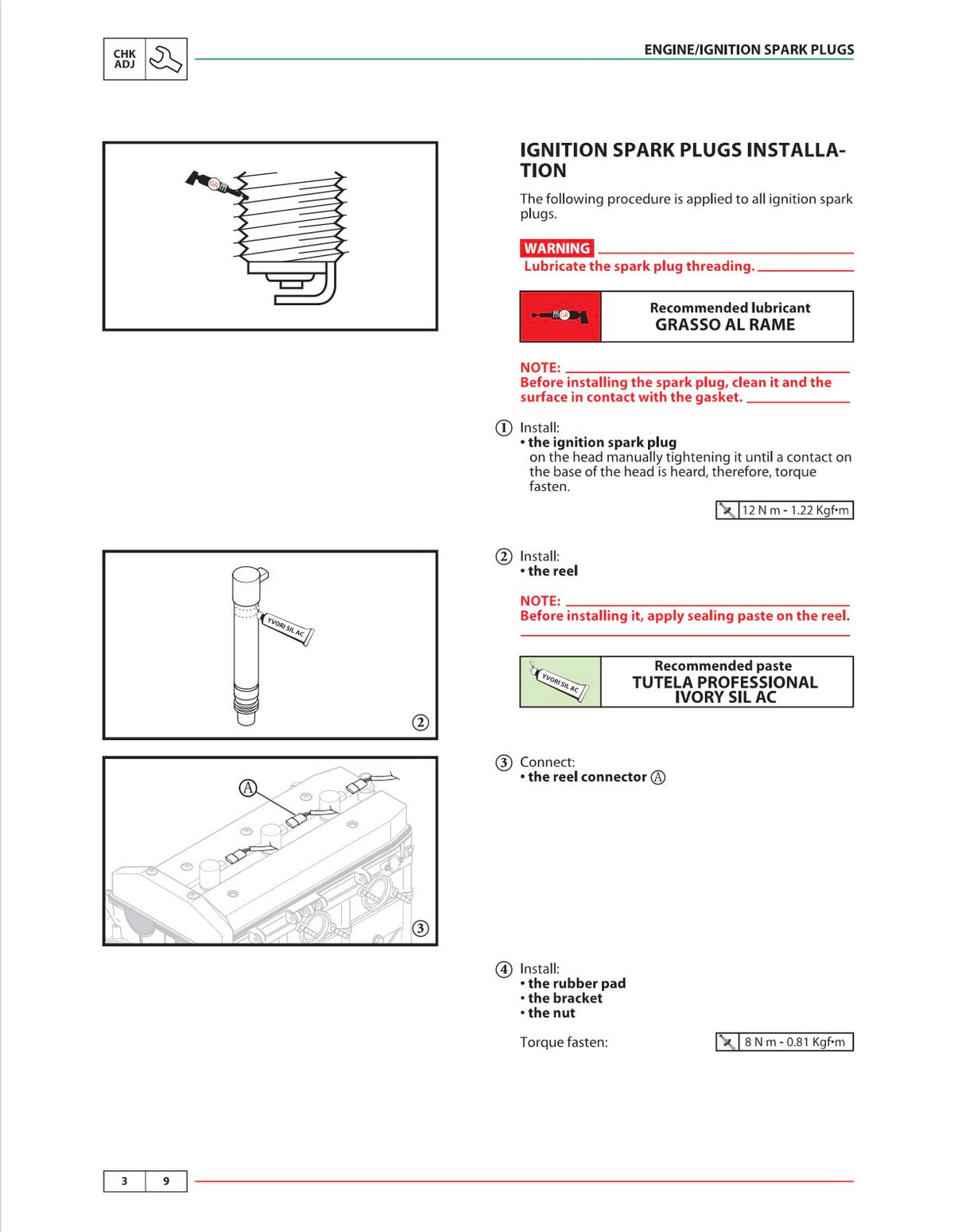 Benelli TRE-K 1130 service manual page 3-9 with ignition spark plug installation diagrams and torque specs