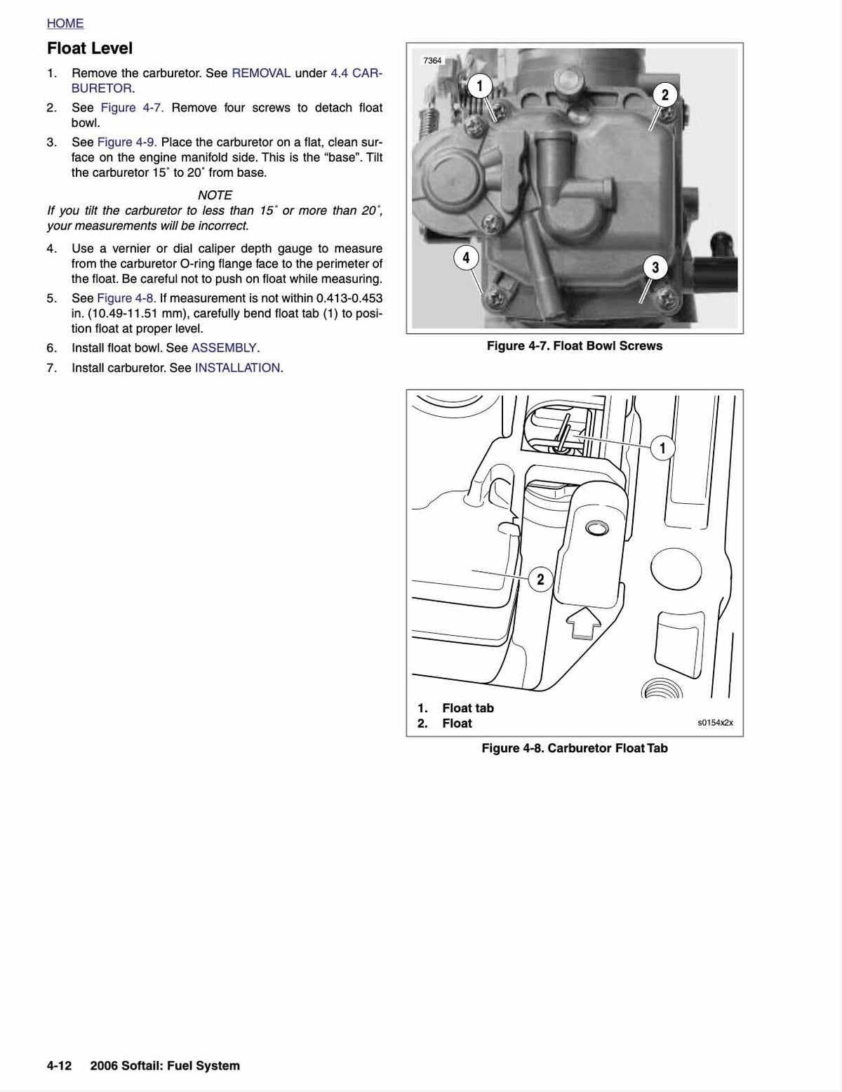 Harley-Davidson Softail service manual page 4-12 carburetor float level measurement photo and diagram