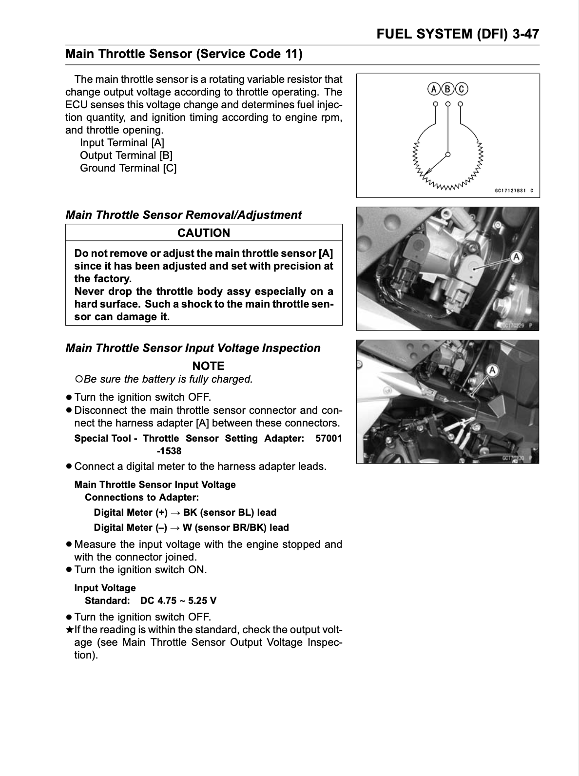 Service manual page for a main throttle sensor (Service Code 11) in a FUEL SYSTEM (DFI) application, showing diagrams, connector pinouts, and step-by-step input voltage inspection instructions with a photo of the sensor.