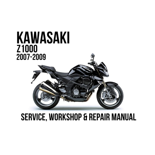A black Kawasaki Z1000 motorcycle shown in side profile on a white background, with text reading 'KAWASAKI Z1000 2007-2009' and 'SERVICE, WORKSHOP & REPAIR MANUAL'.