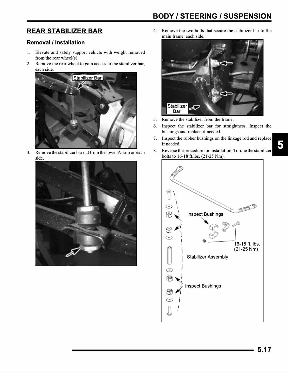 Polaris Ranger 500 service manual rear stabilizer bar removal and installation with frame attachment points, stabilizer assembly exploded diagram showing bushings and linkage rod, bushing inspection, and torque specifications 16-18 ft-lbs / 21-25 Nm