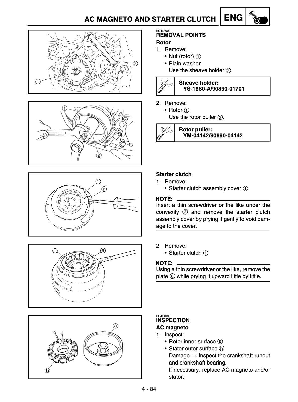 A technical service manual page for an AC Magneto and Starter Clutch, featuring step-by-step removal and inspection diagrams with part numbers and notes.