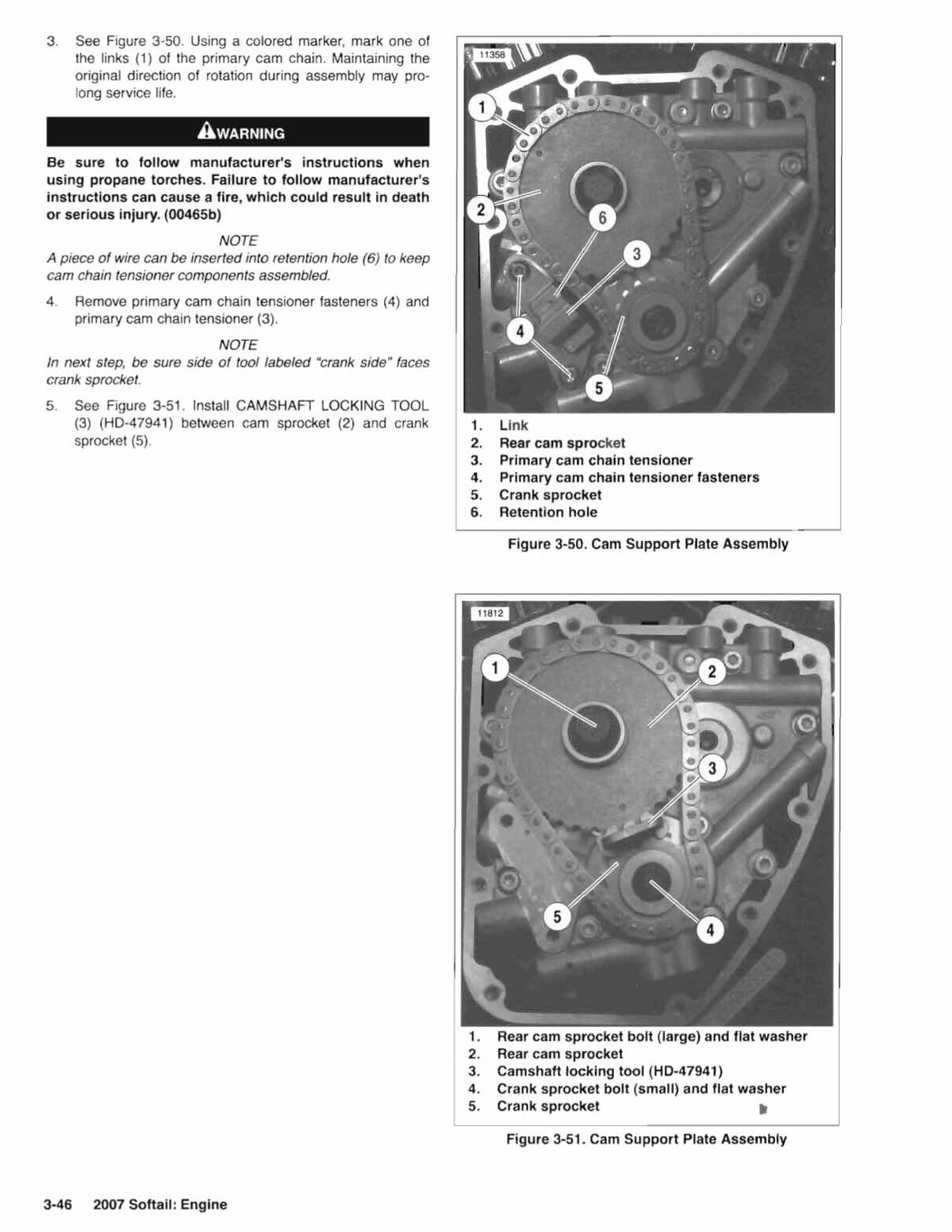 Harley-Davidson Softail service manual page 3-46 cam support plate and cam chain tensioner photos