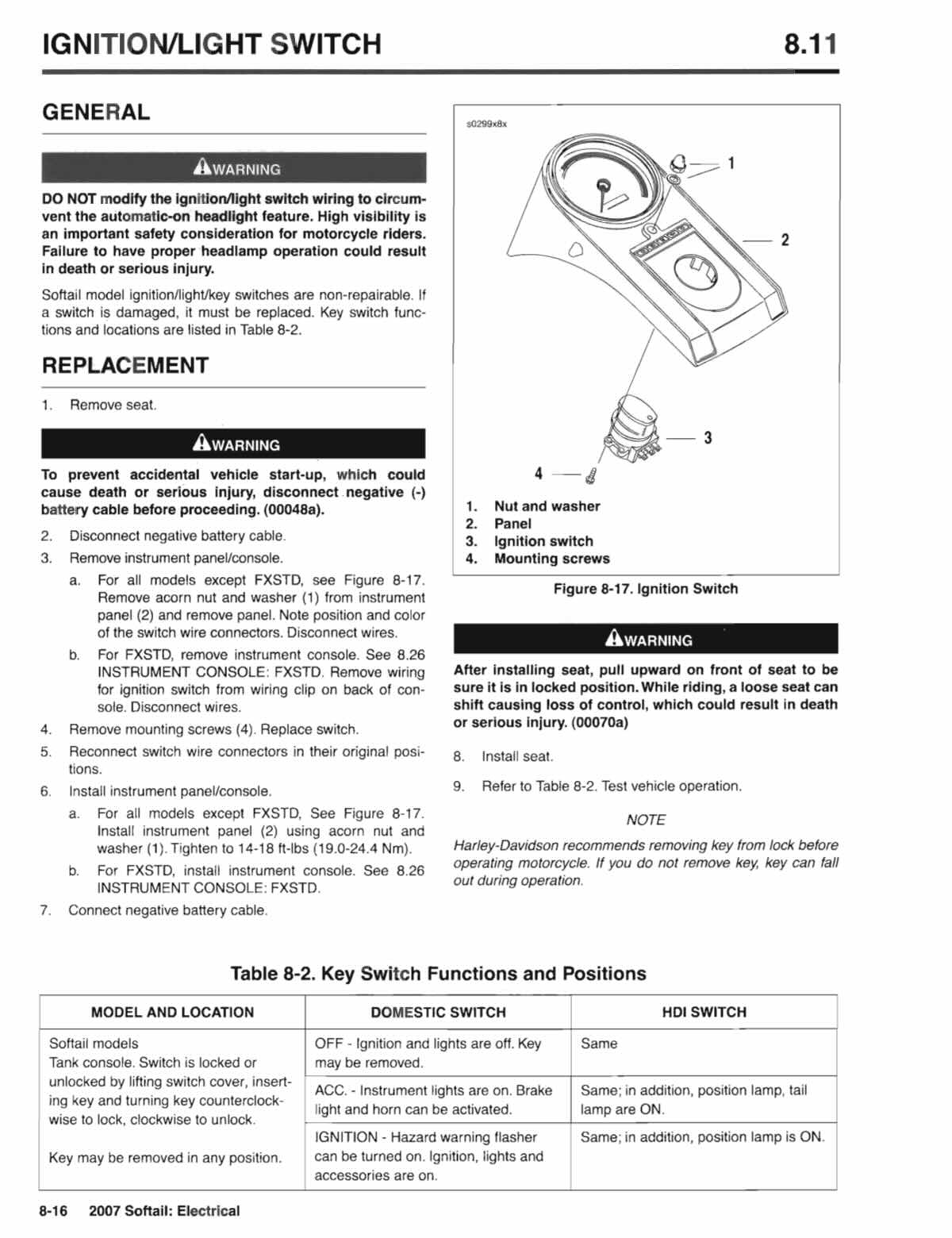 Harley-Davidson Softail service manual page 8-16 ignition light switch replacement diagram and functions table