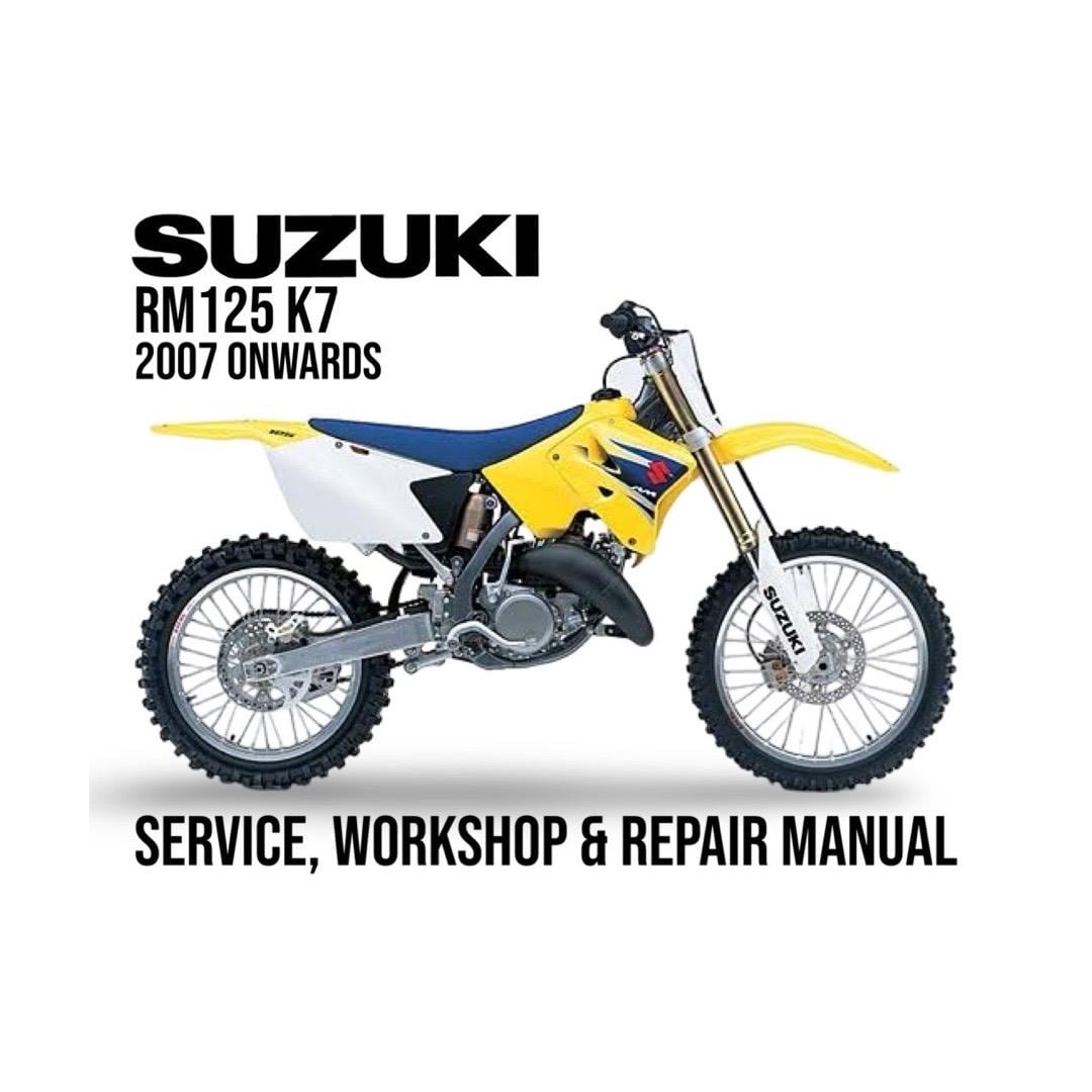 Suzuki RM125 K7 service, workshop & repair manual cover with a yellow dirt bike on a white background.