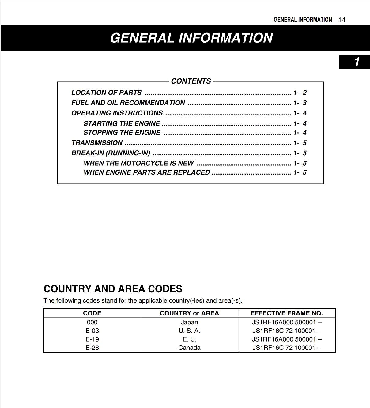 General information page from a motorcycle manual with table of contents and country area codes.