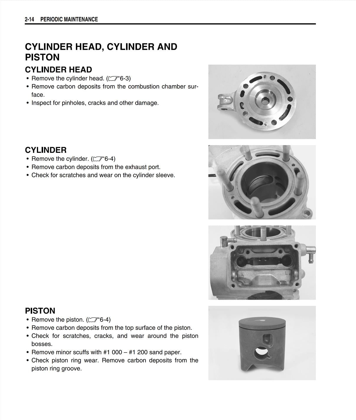 Technical diagram and instructions for maintaining a cylinder head, cylinder, and piston on a white background.