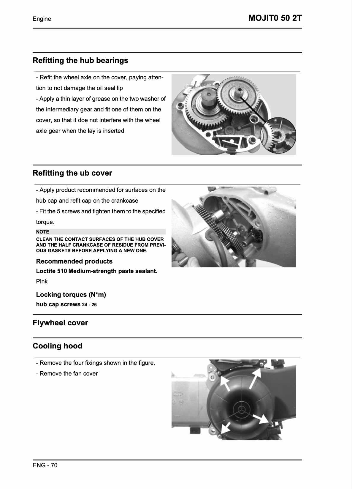 Aprilia Mojito 50 2T service manual engine page with hub bearing refitting procedures showing wheel axle installation with oil seal lip protection, intermediary gear washer greasing, hub cover refitting with Loctite 510 medium-strength paste sealant, hub cap screw torque 24-26 N·m, and cooling hood removal showing four fixings and fan cover disassembly