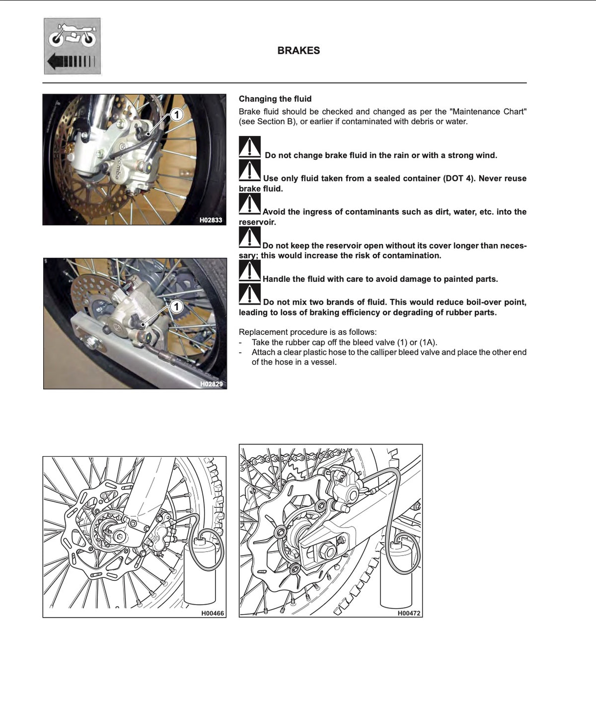 Husqvarna WRE125 service manual page showing brake fluid change procedure with front and rear caliper bleed valve diagrams