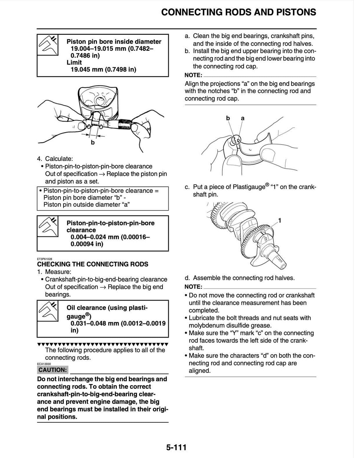 A black-and-white technical instruction sheet titled 'CONNECTING RODS AND PISTONS' with numbered steps, tables, and notes for installing and checking piston pin and oil seal dimensions using Plastigauge.