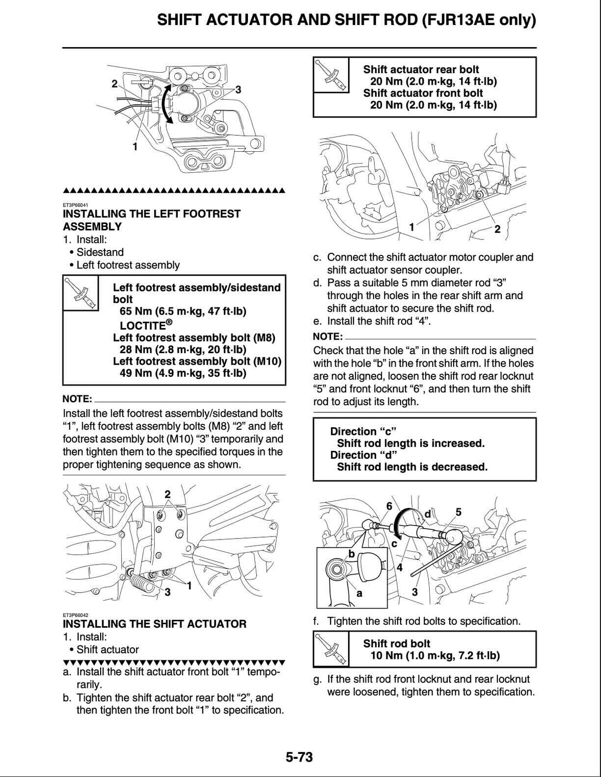 Instruction sheet with labeled diagrams and text for installing the left footsteed assembly and shifting actuator/rod, including torque values and directional guidance.