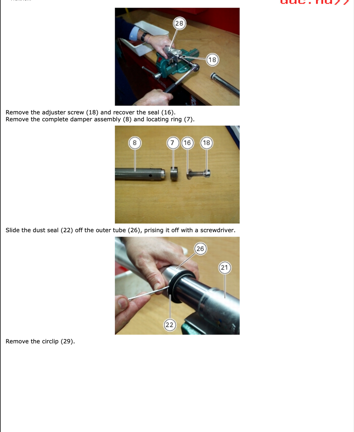 A three-step instructional diagram showing how to remove a dust seal and adjuster screw from a tool, with numbered callouts and text instructions on a white page.