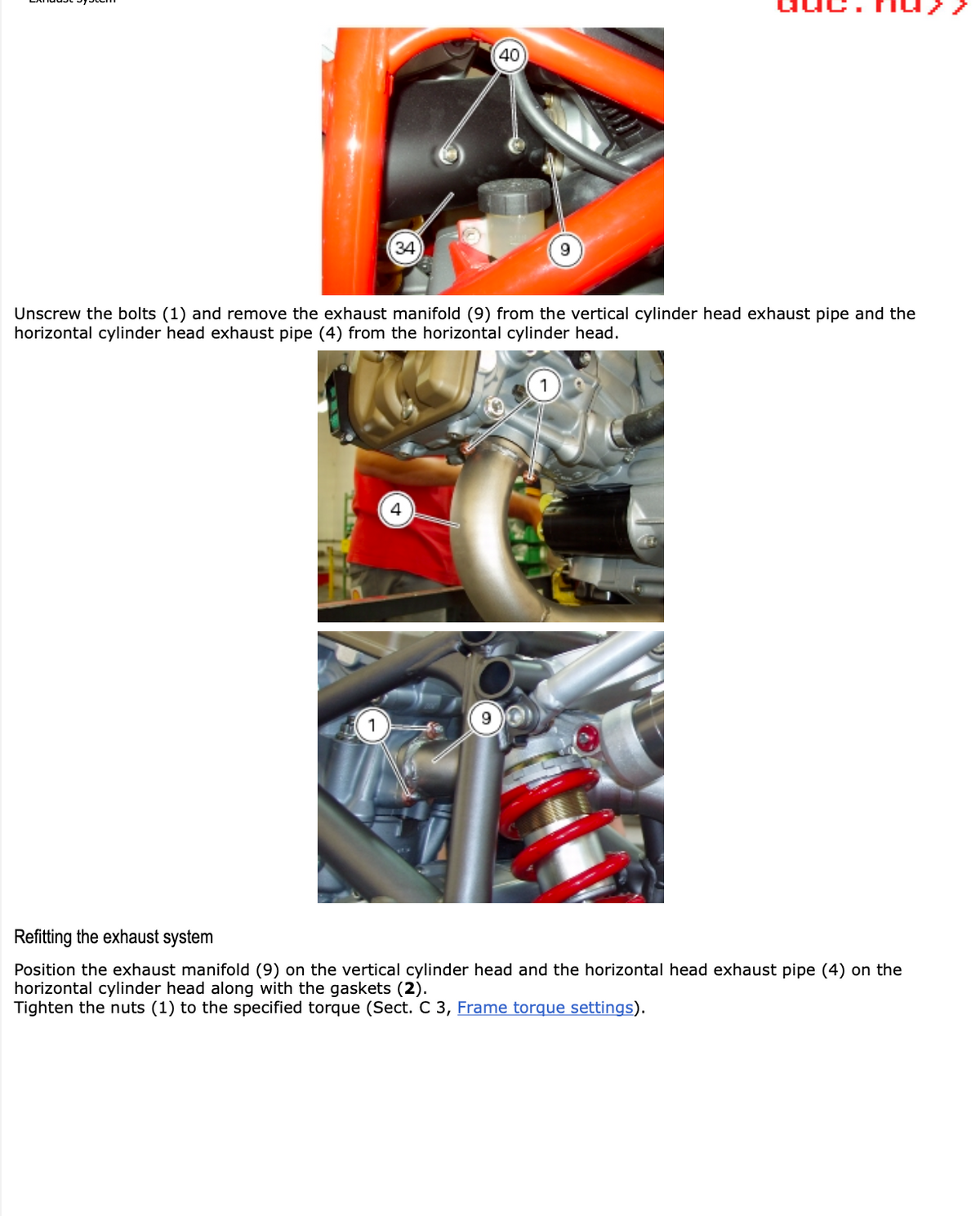 A technical instruction sheet showing a close-up of an automotive exhaust system with numbered callouts and text instructions for unscrewing bolts and refitting the exhaust manifold and head exhaust pipes.