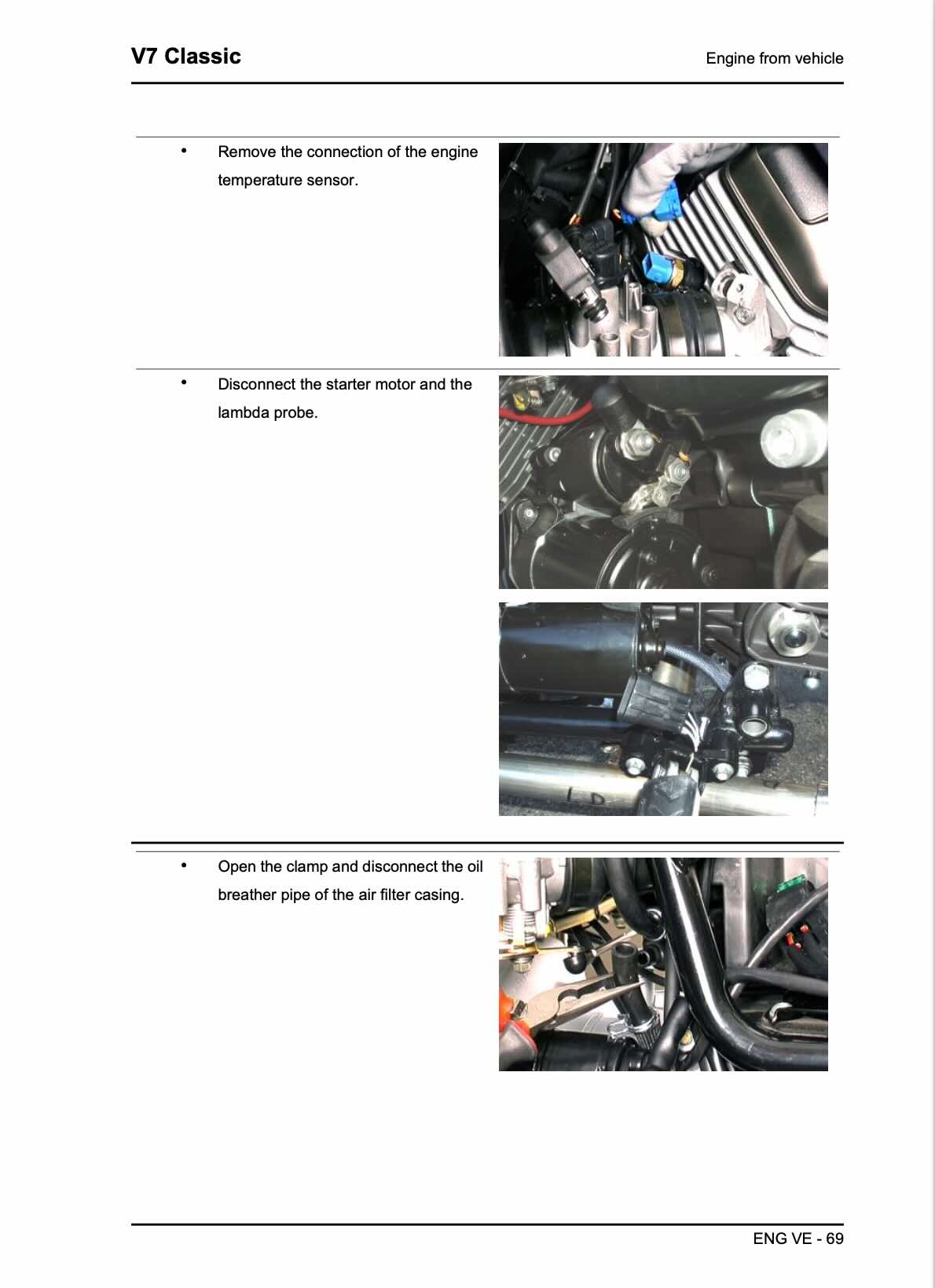 Moto Guzzi V7 Classic service manual page ENG VE-69 engine removal procedures showing engine temperature sensor connector disconnect, starter motor and lambda probe disconnection, and oil breather pipe clamp release from air filter casing with step-by-step hand procedure photos
