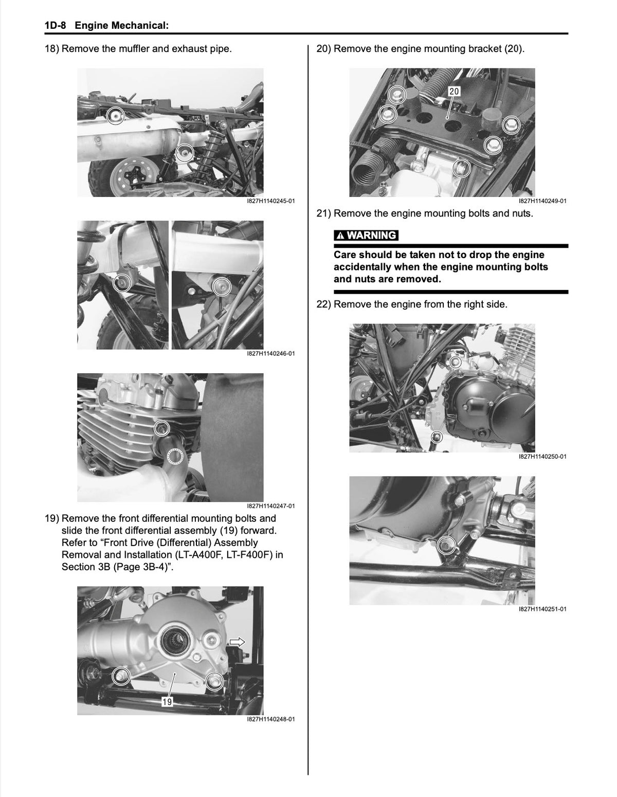 Suzuki LT-F400 KingQuad service manual page 1D-8 with engine removal steps showing muffler, differential, and mounting bracket removal photos