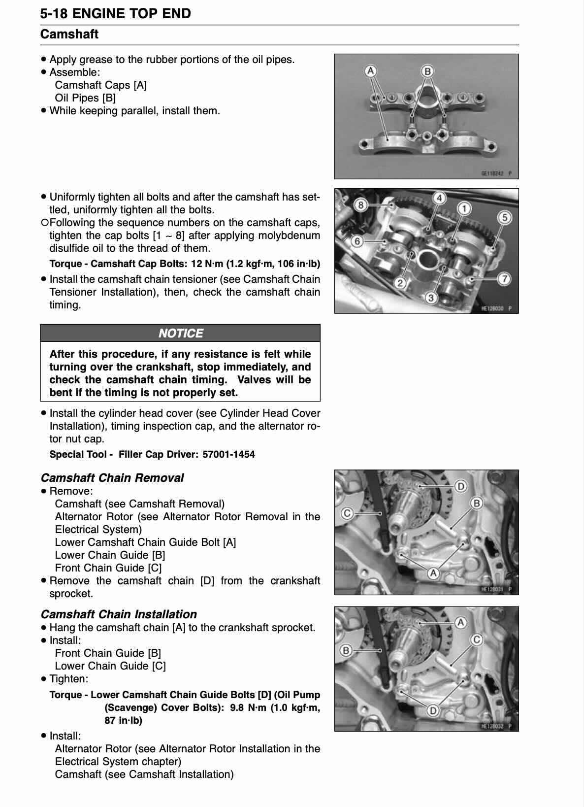 Kawasaki KFX450R service manual page with camshaft cap and oil pipe installation photos plus camshaft chain guide diagrams