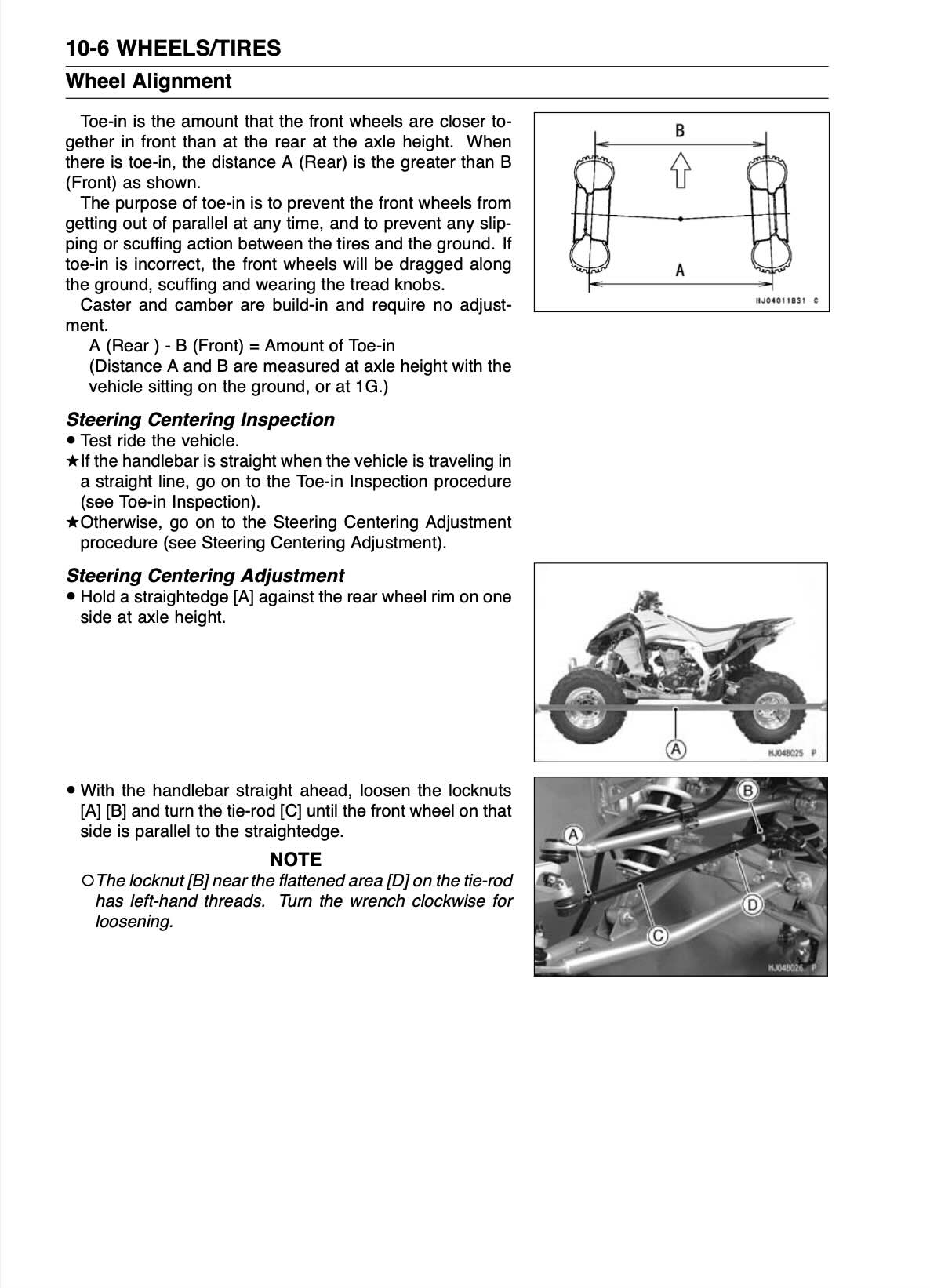 Kawasaki KFX450R service manual page with front wheel toe-in diagram and steering tie-rod adjustment photos