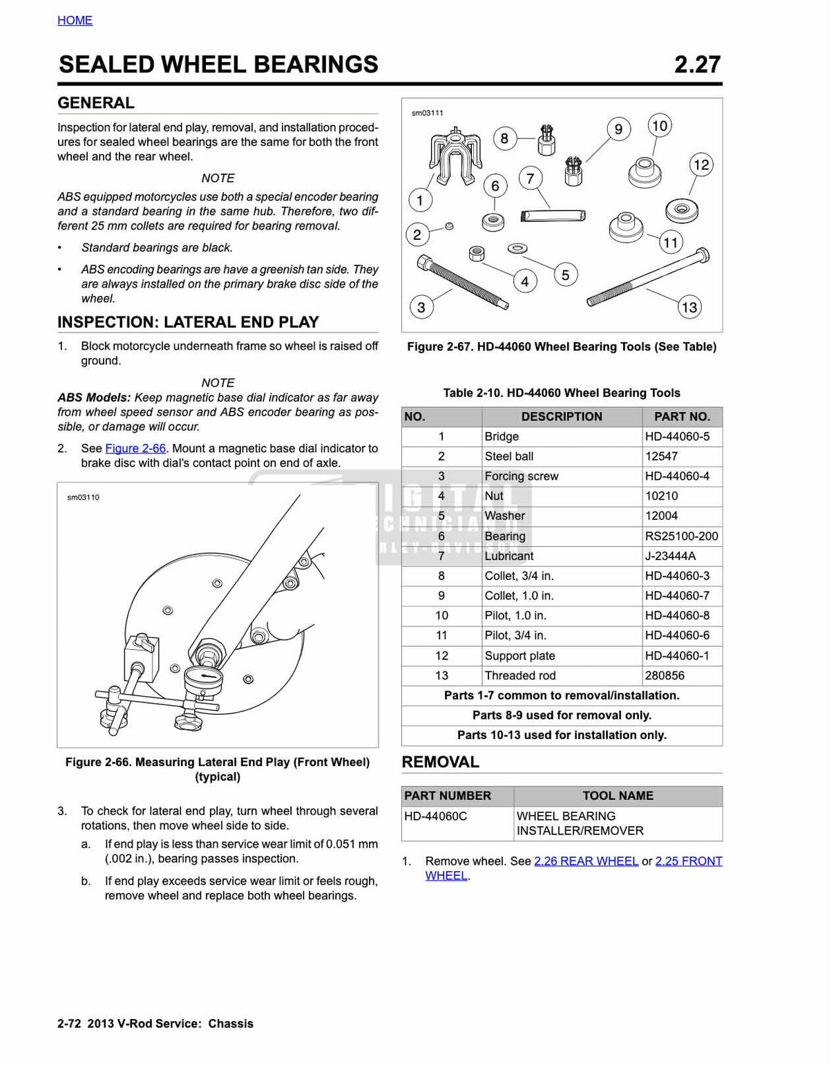 A printed service manual page titled 'SEALED WHEEL BEARINGS' with sections, notes, inspection instructions, and labeled technical diagrams. The page includes line drawings of wheel bearing assemblies, tool callouts, a parts table, and a removal sequence, with ABS branding visible.
