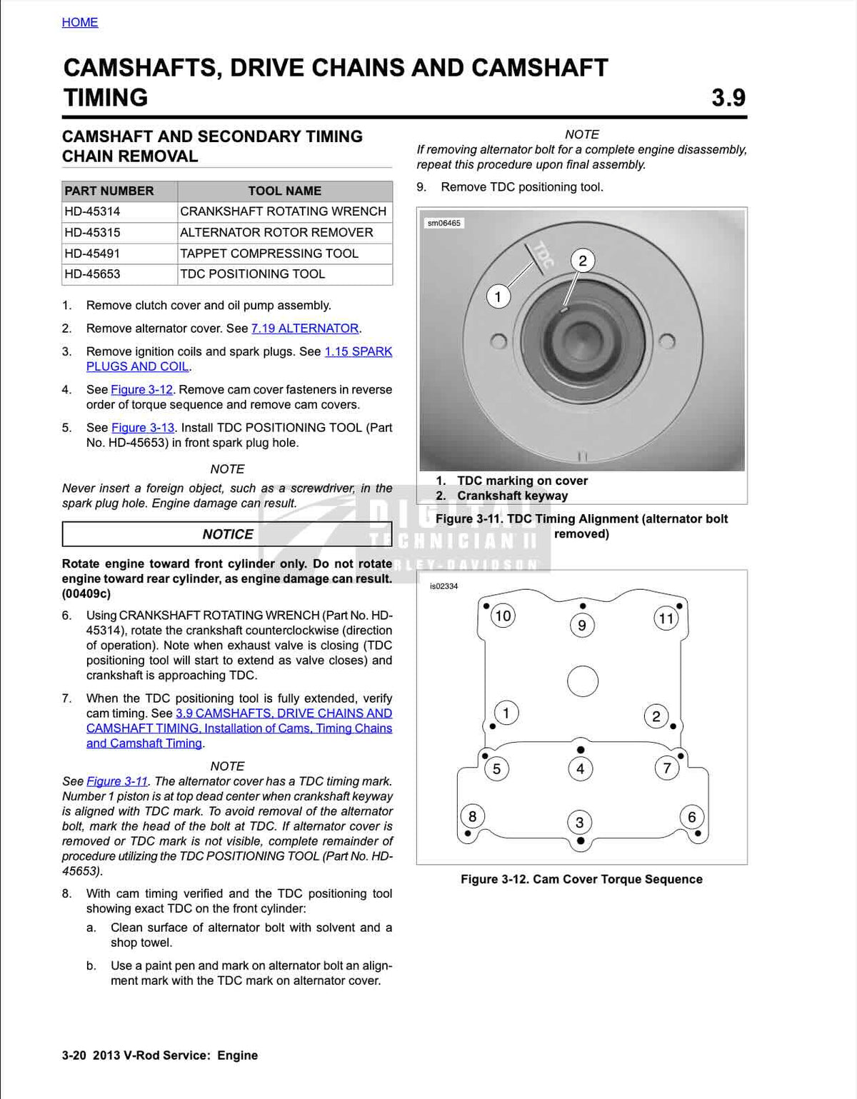 A printed technical service manual page titled 'CAMSHAFTS, DRIVE CHAINS AND CAMSHAFT TIMING' with step-by-step instructions, tool references, and labeled diagrams on a white page.