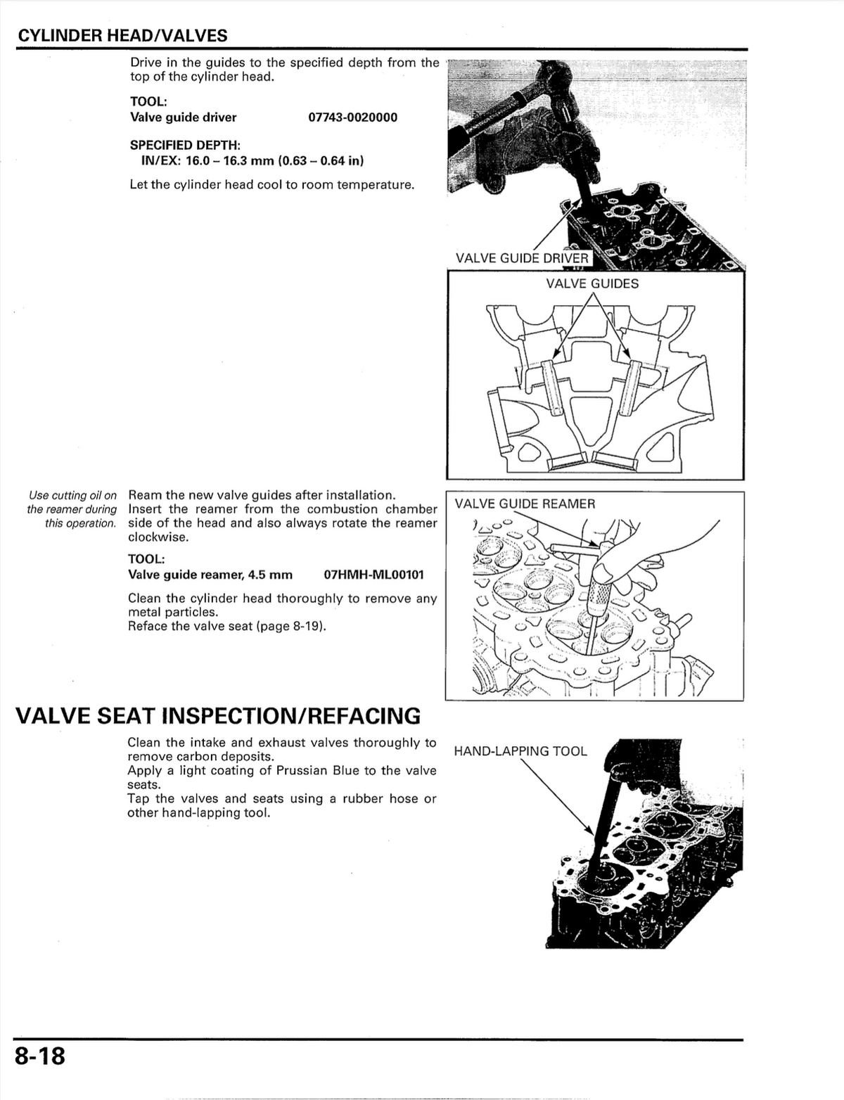 A black-and-white technical instruction sheet showing diagrams and text for cylinder head valves, including valve guide driver, valve guide reamer, and valve seat inspection/refacing steps.