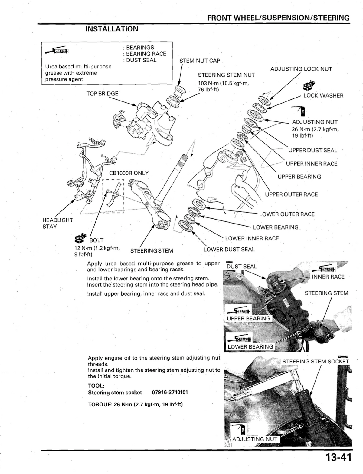 A black-and-white technical schematic diagram titled 'INSTALLATION' showing a front wheel/suspension/steering assembly with labeled parts such as bearings, stem cap, stem nut, lock washer, and adjustment nuts, plus arrows and assembly steps.