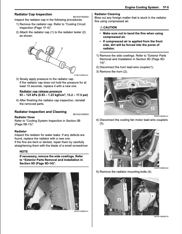 A scanned page from an engine cooling system service manual showing radiators and step-by-step inspection and cleaning procedures with numbered callouts and small technical diagrams.