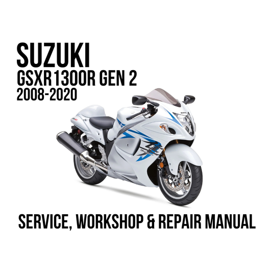 Suzuki GSXR 1300R Gen 2 (2008-2020) service, workshop, and repair manual cover featuring a white and blue sports motorcycle on a white background with black text.