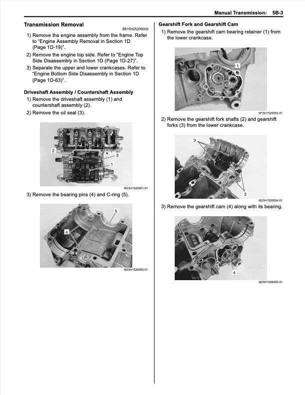 A printed manual page showing instructions and photos for removing and assembling a transmission, with labeled diagrams and three grayscale mechanical photos on a white page.