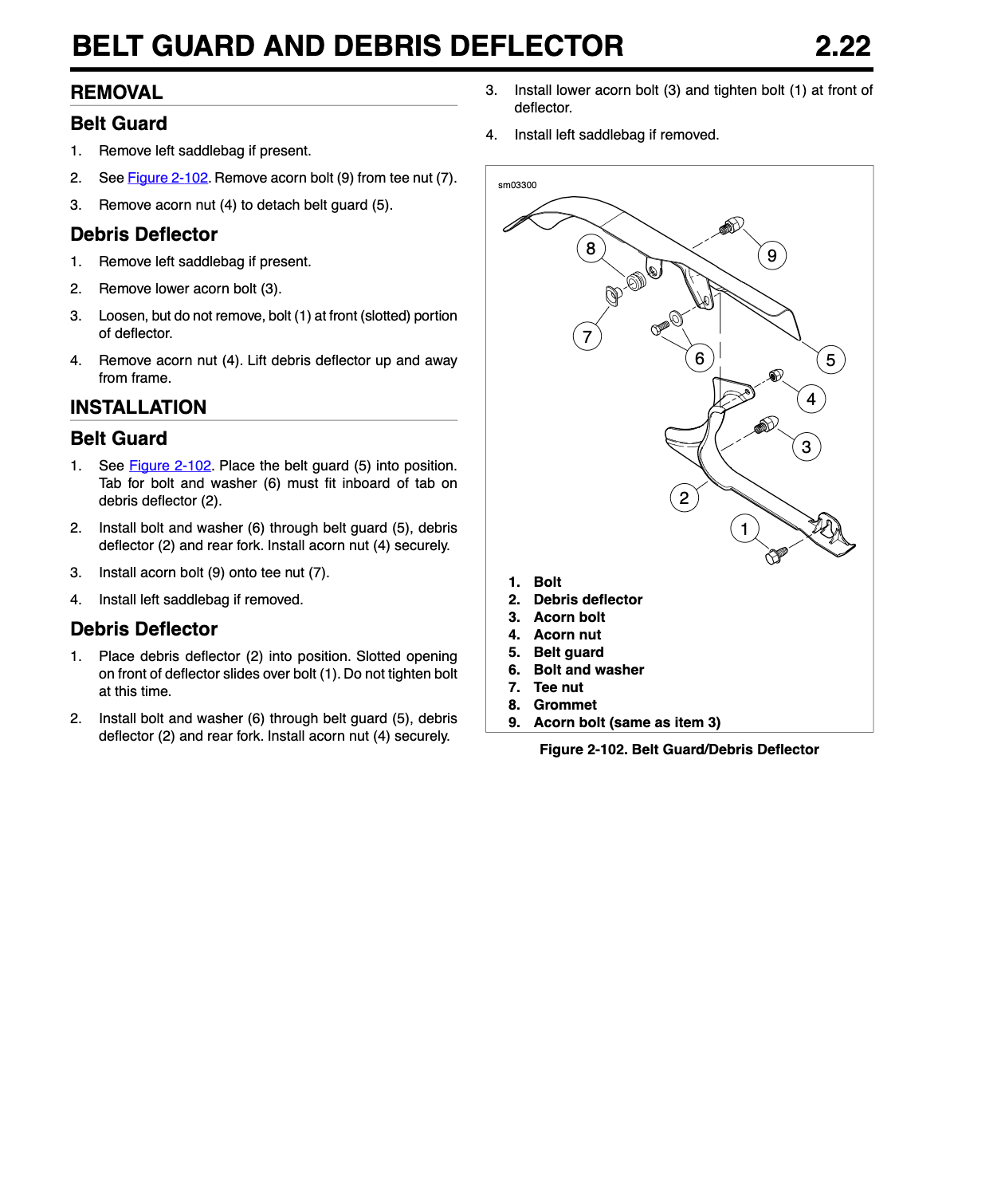 Harley-Davidson Softail 2008 service manual page 2.22 — belt guard and debris deflector removal/installation instructions with Figure 2-102 exploded diagram showing bolt, deflector, acorn bolt, nut, belt guard, tee nut and grommet.